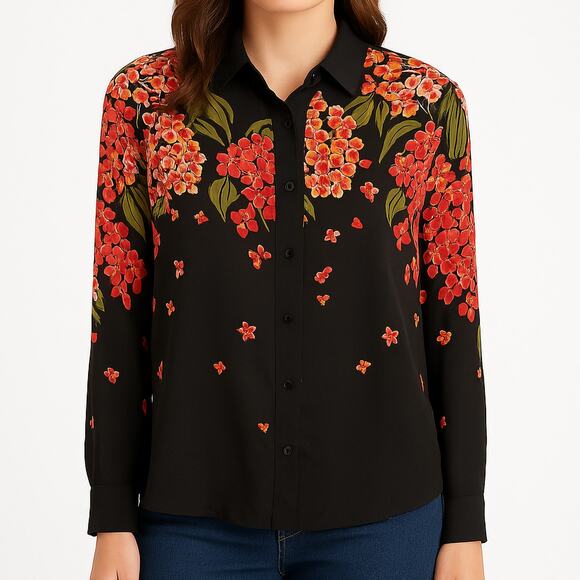 Bob Mackie Wearable Art Silk Blouse Black Floral Large - Picture 11 of 11